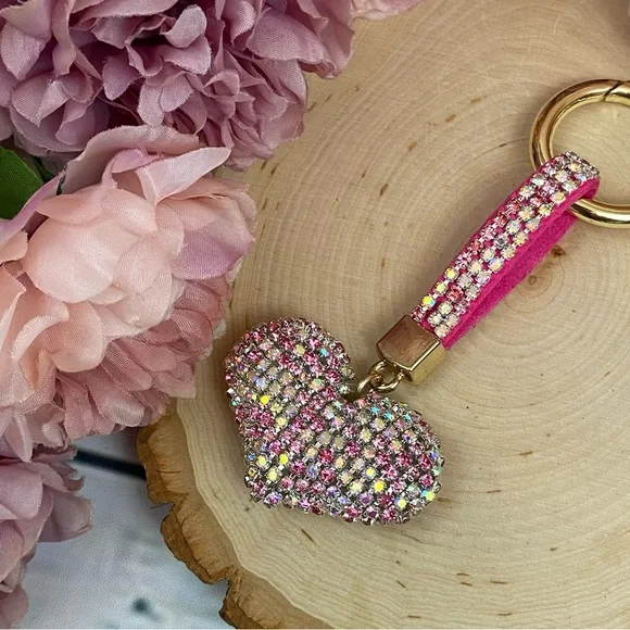 Chic Multicolor Pink Crystal & Leather Heart Keychain - Picture 8 of 11